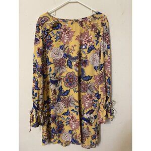 XHILARATION TUNIC DRESS BOHO HIP WORSHIP WORK TRAVEL CASUAL LONG RUFFLE SLEEVE L